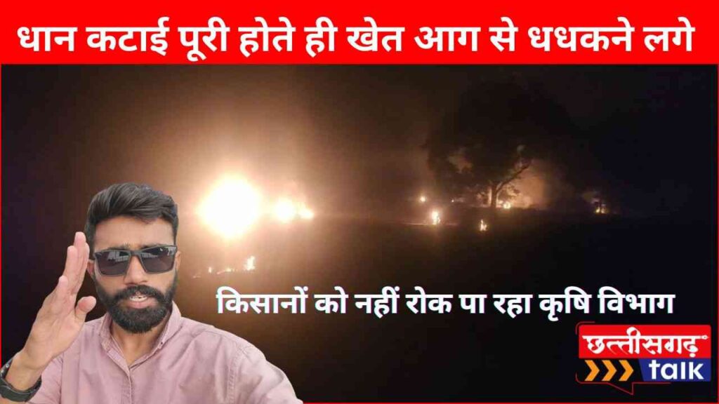 धान कटाई पराली जलाना: धान कटाई पूरी होते ही खेत आग से धधकने लगे किसानों को नहीं रोक पा रहा कृषि विभाग, गांव दर गांव उठ रहा धुआं (Chhattisgarh Talk)