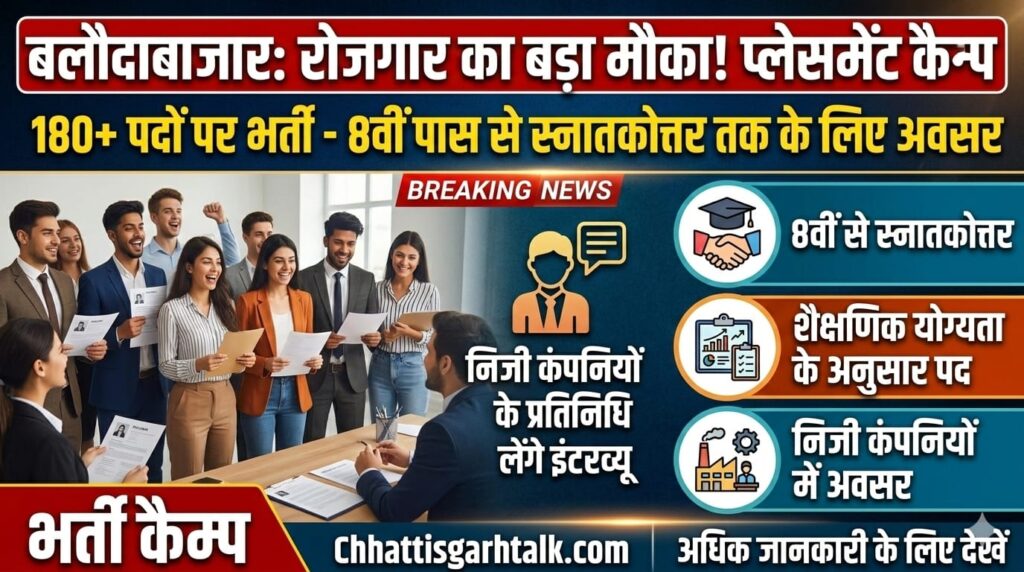 बलौदाबाजार में रोजगार का बड़ा मौका: प्लेसमेंट कैम्प में 180+ पदों पर भर्ती, एलआईसी और सिक्योरिटी कंपनियों में जॉब (Chhattisgarh Talk)