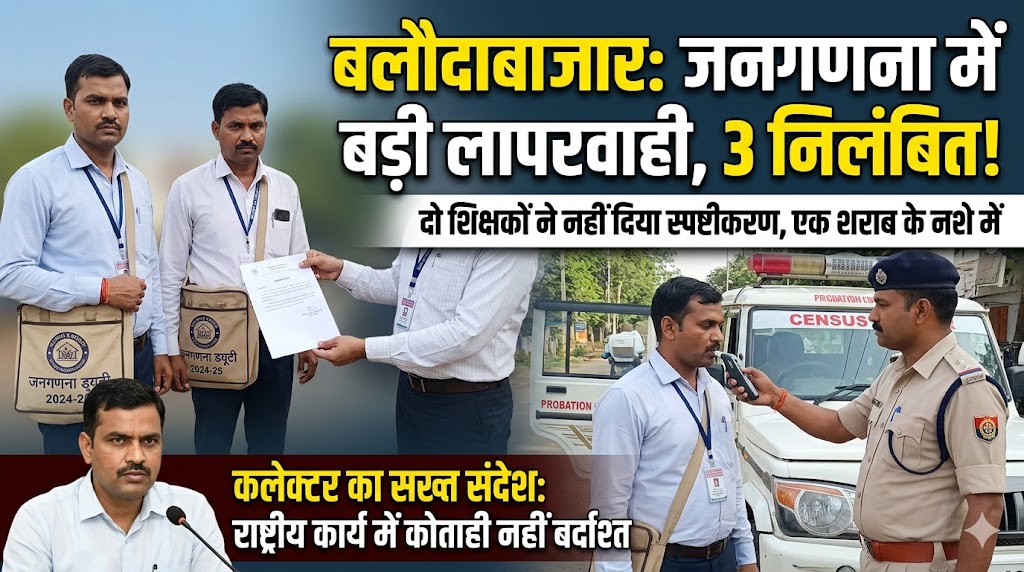 बलौदाबाजार में जनगणना ड्यूटी पर बड़ी कार्रवाई: लापरवाही और शराबखोरी पर तीन प्रगणक निलंबित