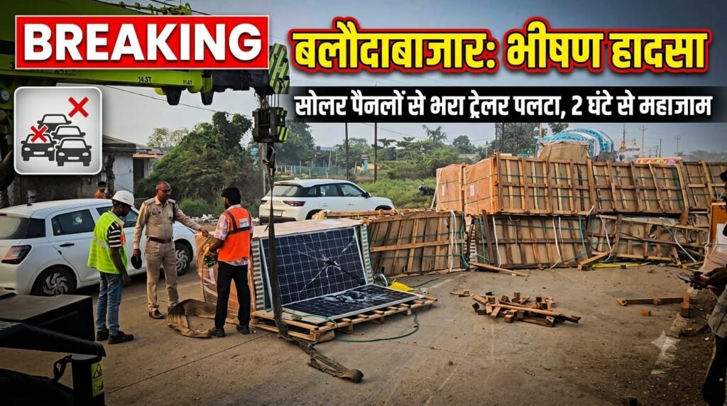 सिमगा नेशनल हाईवे पर सोलर पैनलों से भरा ट्रेलर पलटा, दो घंटे से जाम